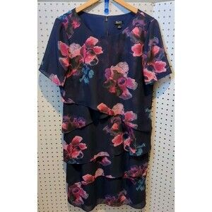 SLNY Dress Size 12 Floral Short Sleeve Blue Pink Rose
